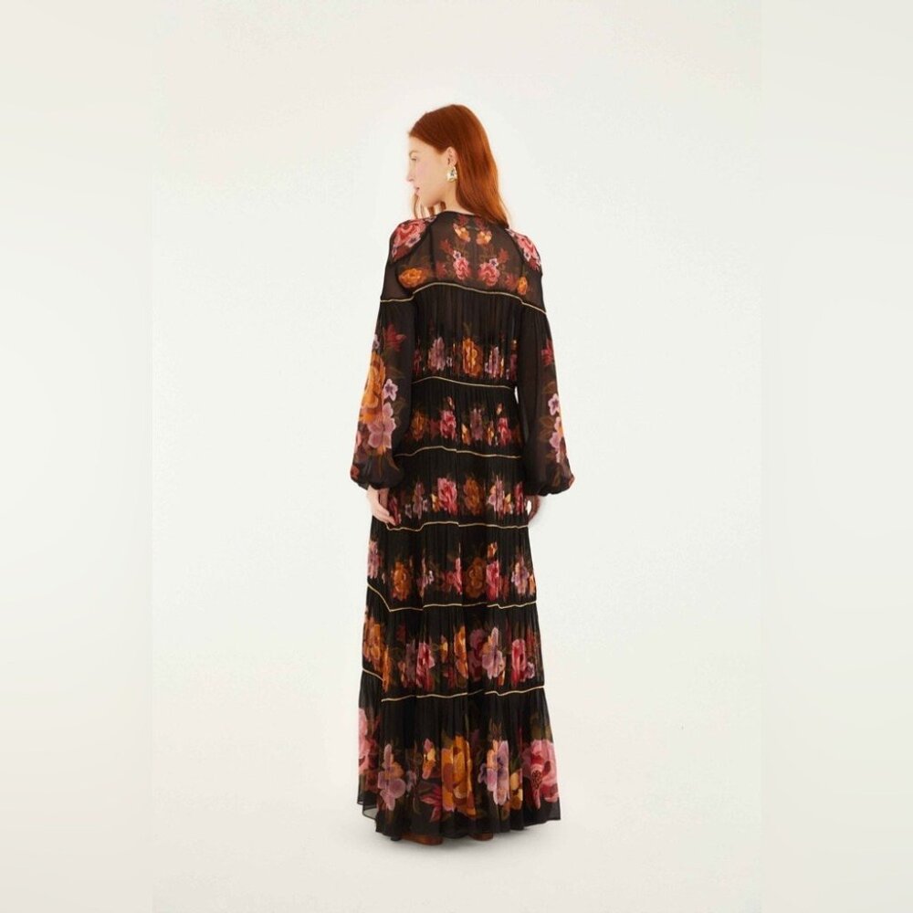 Farm Rio: Black Chenille Flowers Long Sleeve Midi Dress DT - Picture 2 of 10